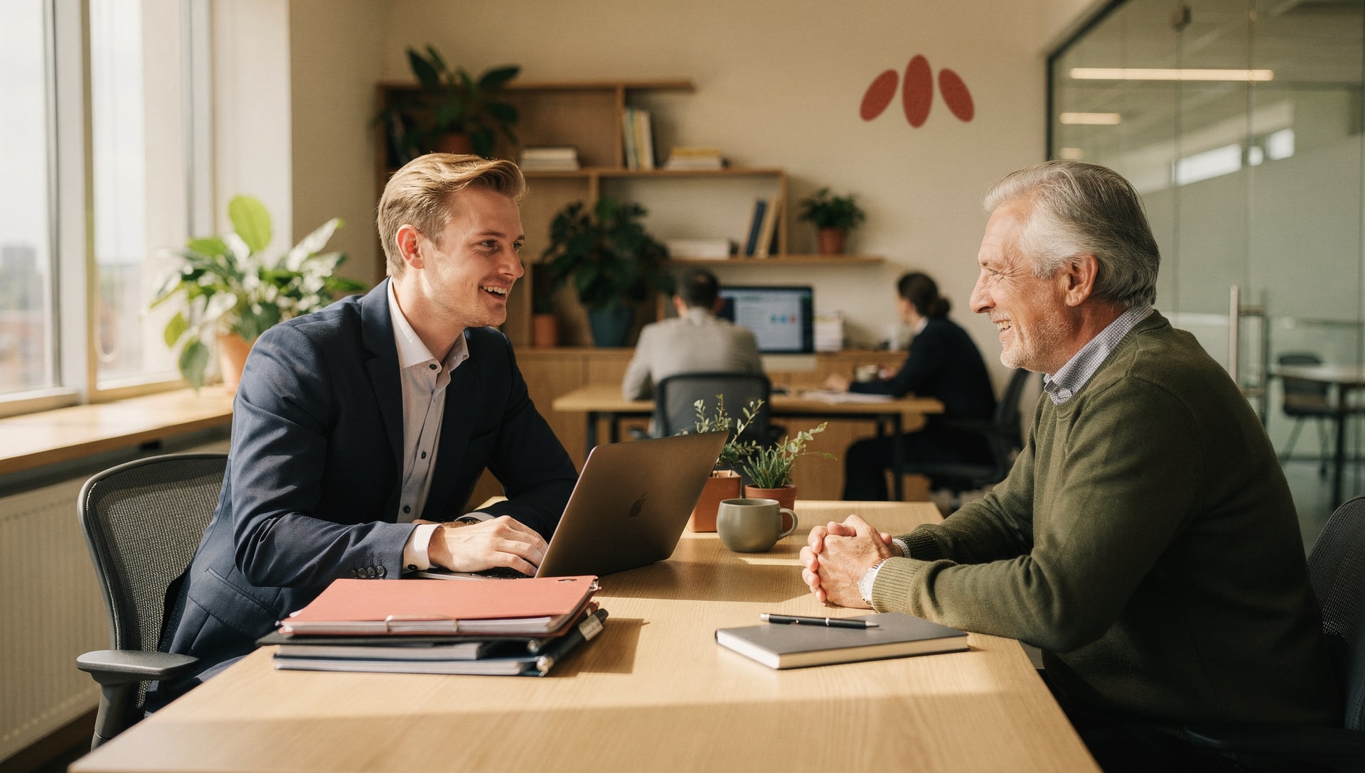 Dos compañeros conversando en su oficina